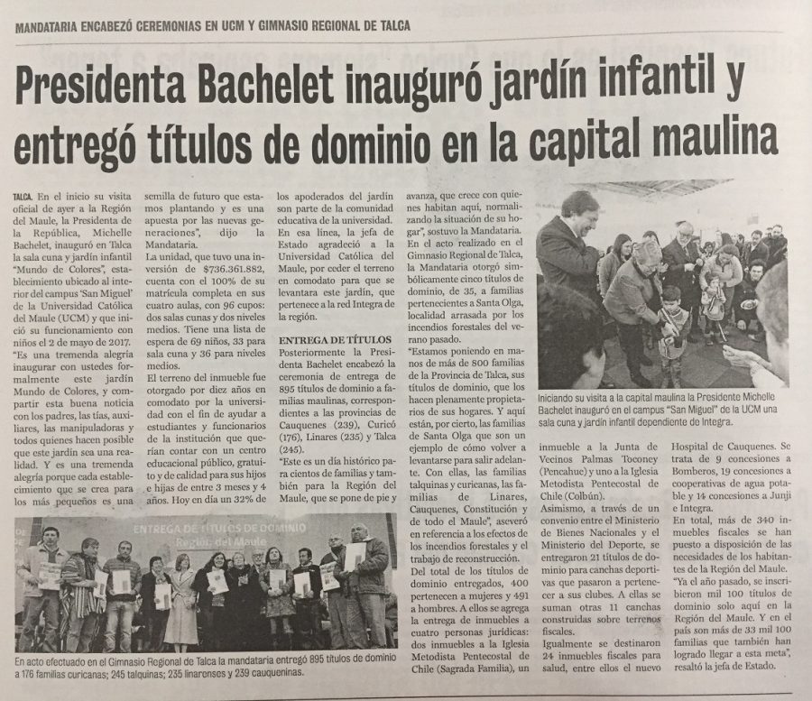 30 de agosto en Diario La Prensa: “Presidenta Bachelet inauguró jardín infantil y entregó títulos de dominio en la capital maulina”