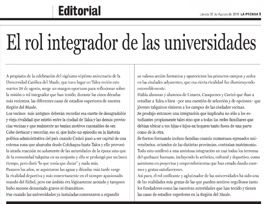 30 de agosto en Diario La Prensa: “El rol integrador de las universidades”