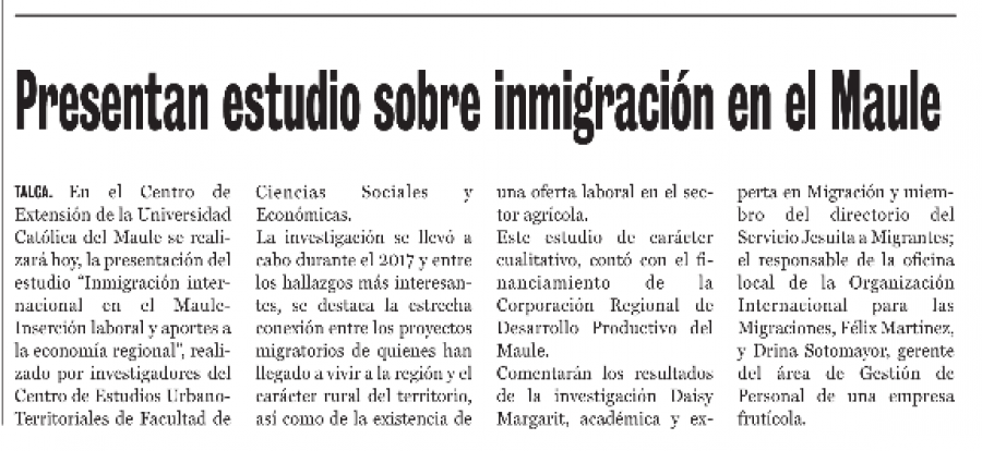 30 de agosto en Diario La Prensa: “Presentan estudio sobre inmigración en el Maule”