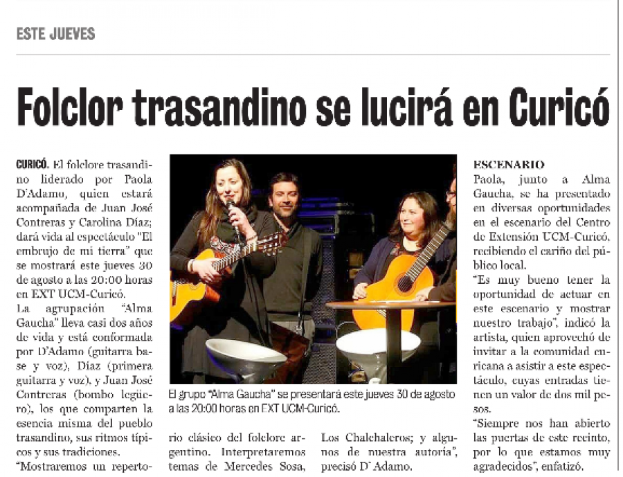 30 de agosto en Diario La Prensa: “Folclor trasandino se lucirá en Curicó”