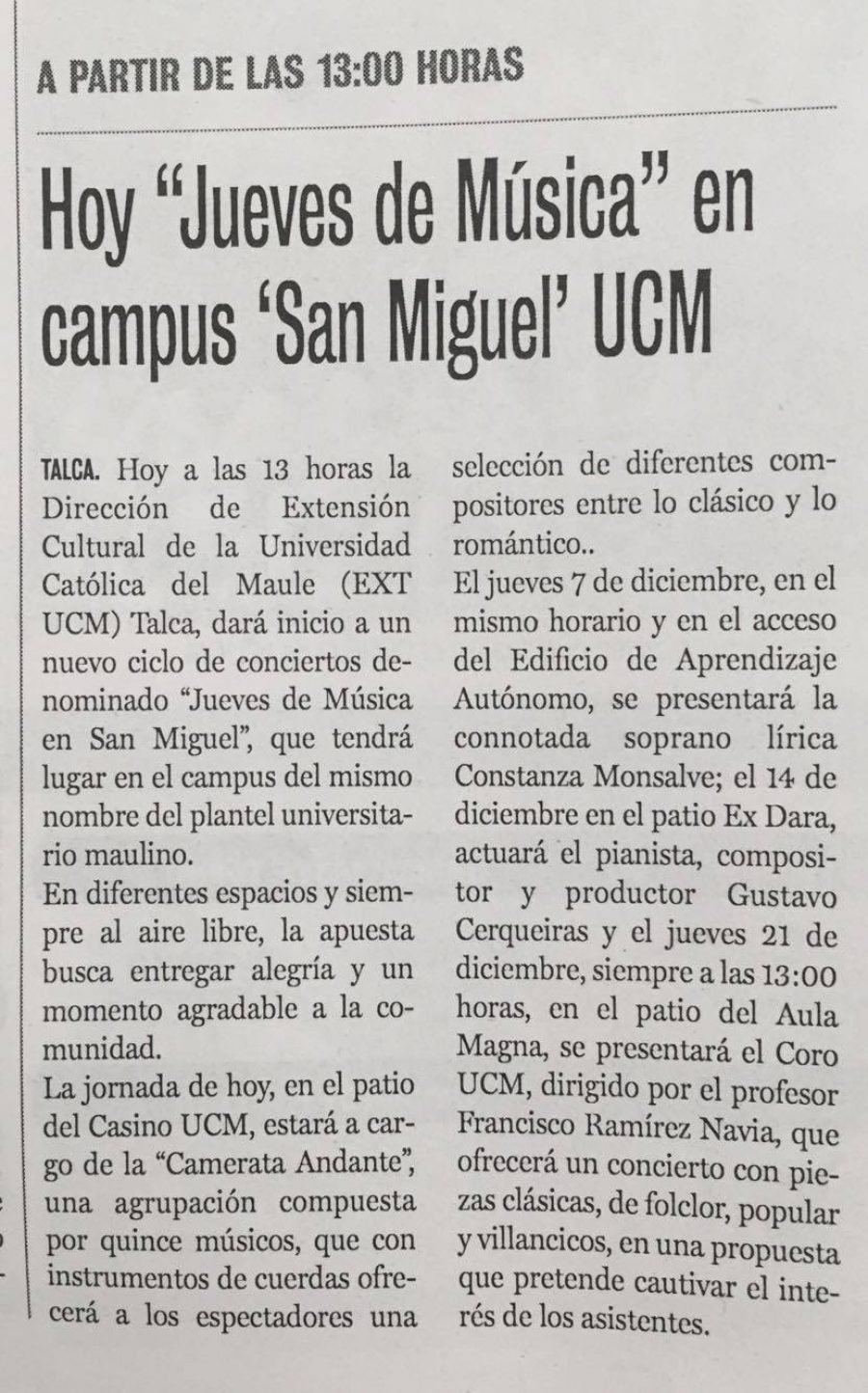 30 de noviembre en Diario La Prensa: “Hoy jueves de música en campus San Miguel UCM”