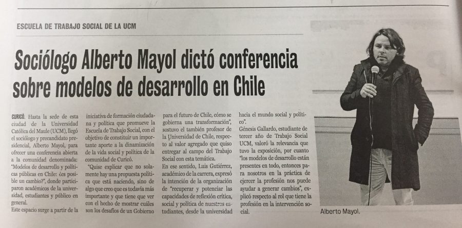 31 de mayo en Diario La Prensa: “Sociólogo Alberto Mayol dictó conferencia sobre modelos de desarrollo en Chile”