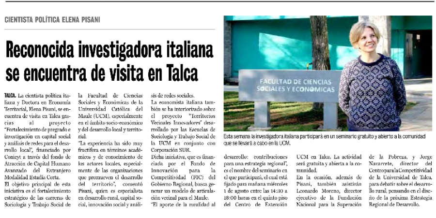 31 de julio en Diario La Prensa: “Reconocida investigadora italiana se encuentra de visita en Talca”