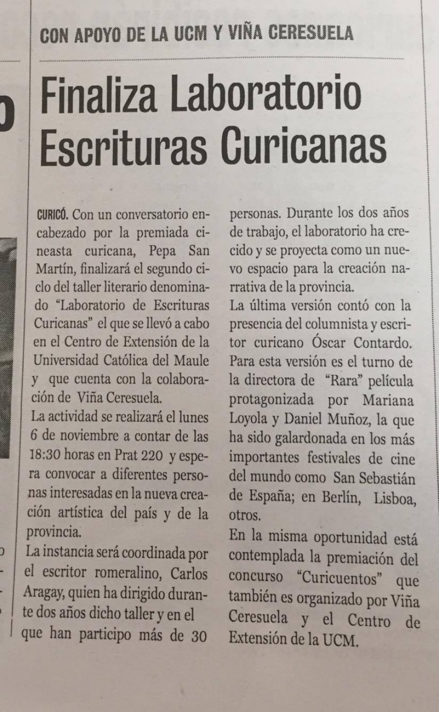 31 de octubre en Diario La Prensa: “Finaliza Laboratorio  Escrituras Curicanas”