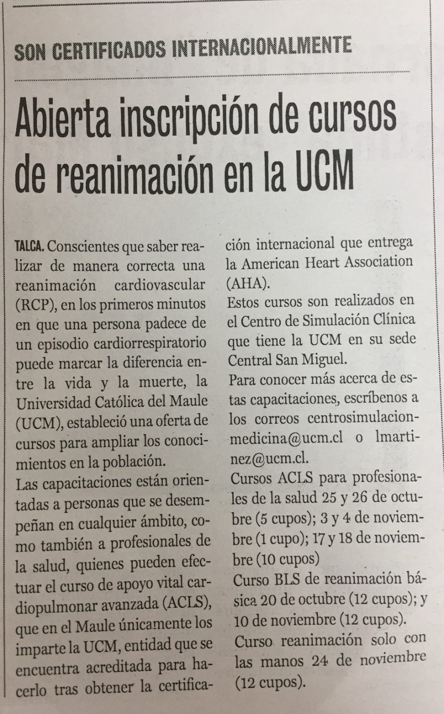 06 de octubre en Diario La Prensa: “Abierta inscripción de cursos de reanimación en la UCM”