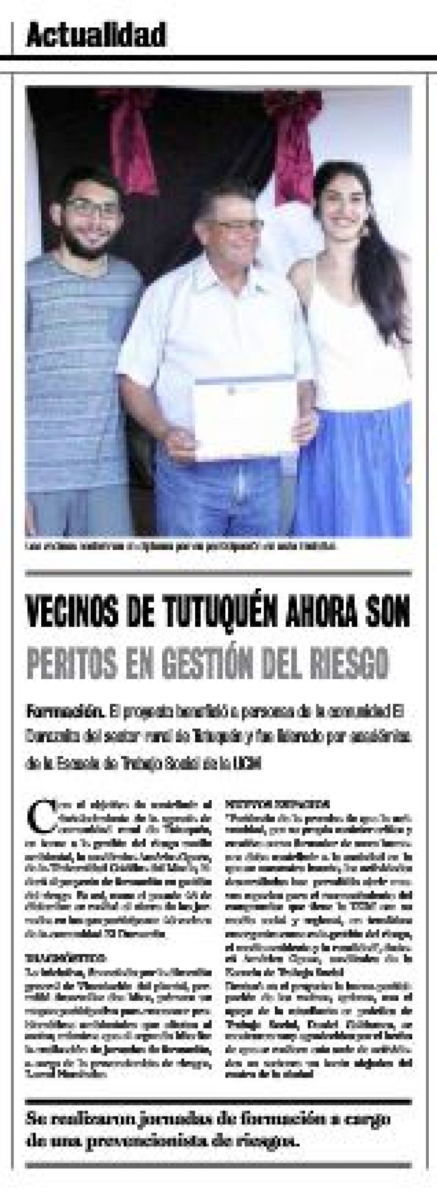 06 de enero en Diario La Prensa: “Vecinos de Tutuquén ahora son peritos en Gestión del Riesgo”