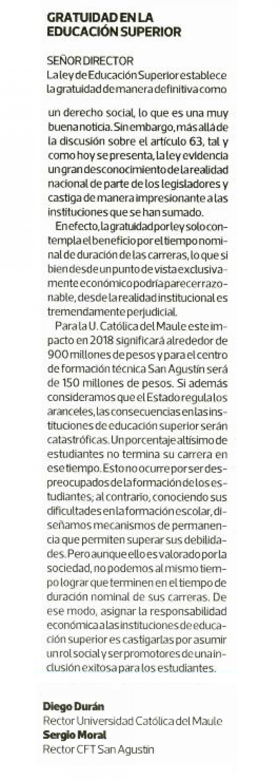 15 de abril en Diario La Tercera: “Gratuidad en la Educación Superior”