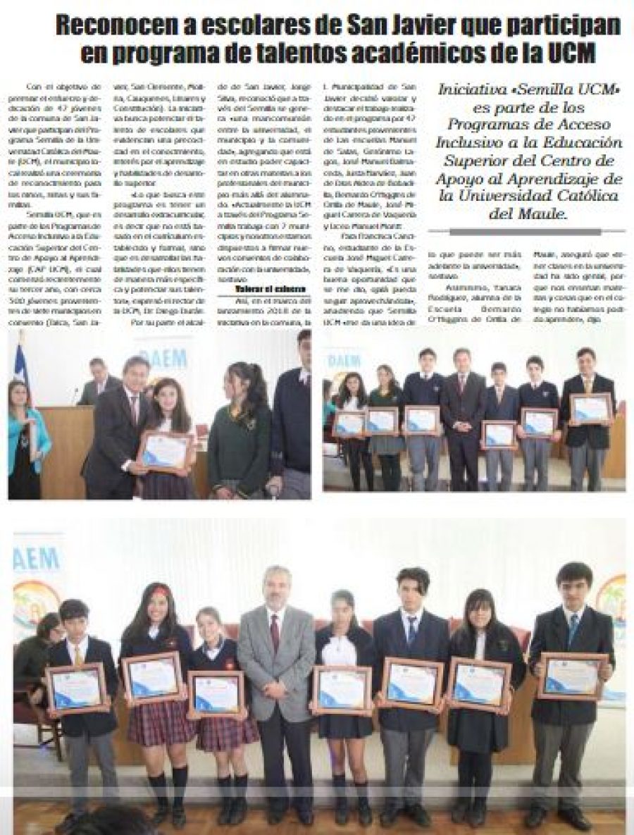 01 de abril en Diario El Lector: “Reconocen a escolares de San Javier que participan en programa de talentos académicos de la UCM”