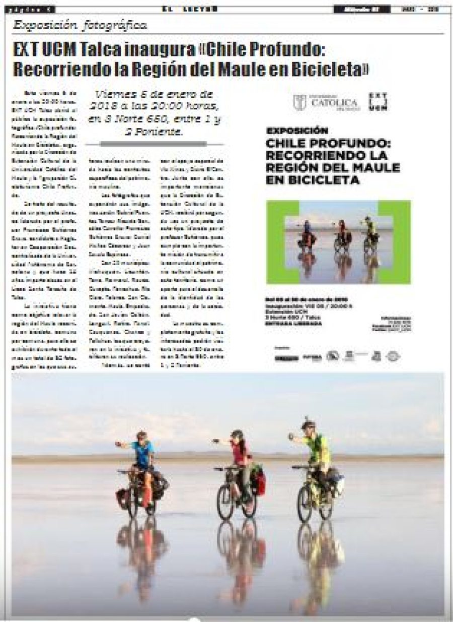 03 de enero en Diario El Lector: “EXT UCM Talca inaugura “Chile Profundo: Recorriendo la Región del Maule en Bicicleta”