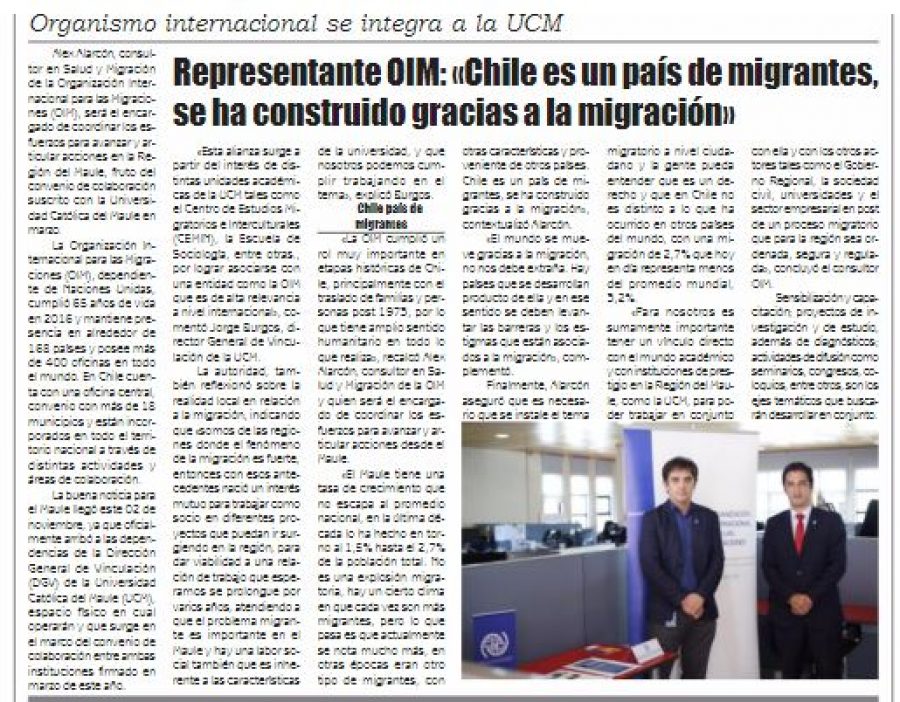 04 de noviembre en Diario El Lector: “Representante OIM: “Chile es un país de migrantes, se ha construido gracias a la migración”