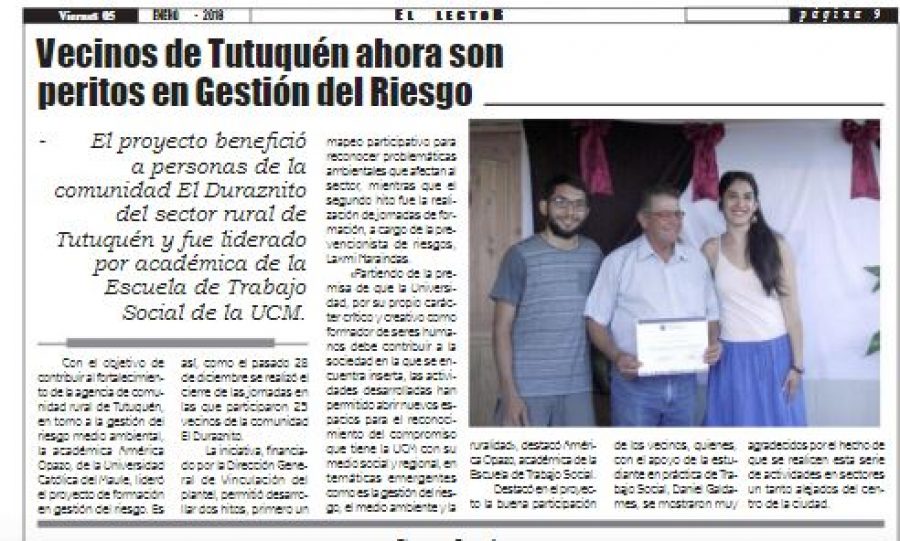 05 de enero en Diario El Lector: “Vecinos de Tutuquén ahora son peritos en Gestión del Riesgo”