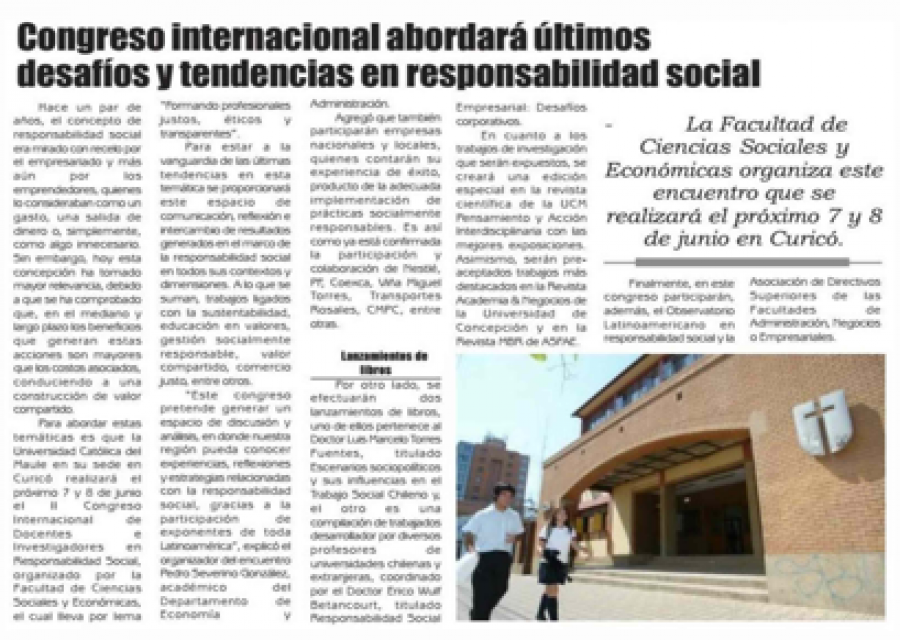 05 de junio en Diario El Lector: “Congreso internacional abordará últimos desafíos y tendencias en responsabilidad social”