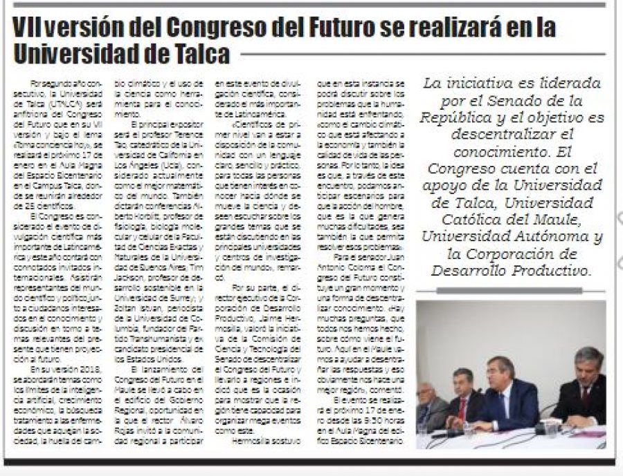 06 de enero en Diario El Lector: “VII versión del Congreso del Futuro se realizará en la Universidad de Talca”