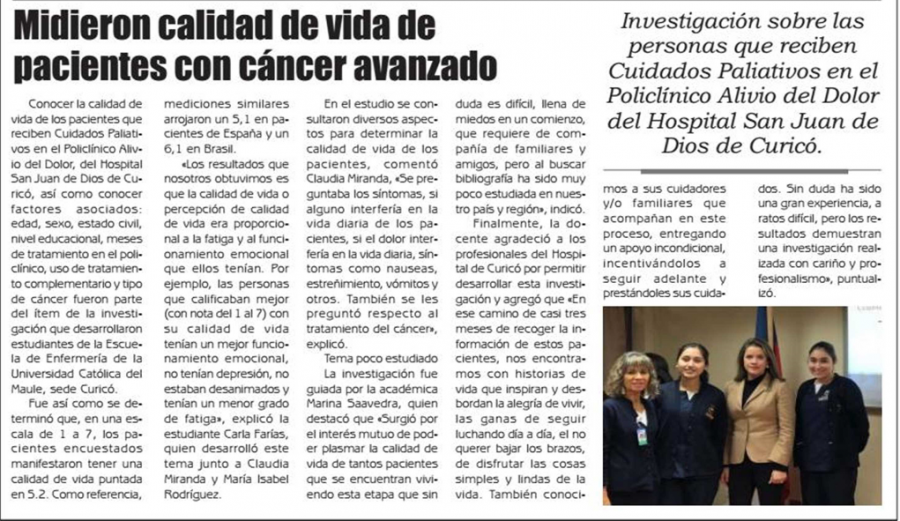 06 de julio en Diario El Lector: “calidad de vida de pacientes con cáncer avanzado”
