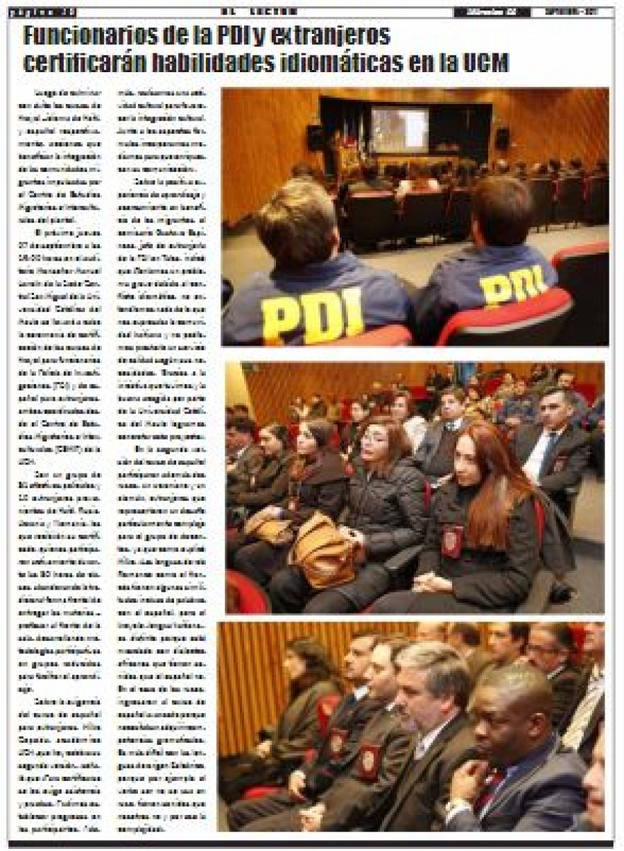 06 de septiembre en Diario El Lector: “Funcionarios de la PDI y extranjeros certificarán habilidades idiomáticas en la UCM”