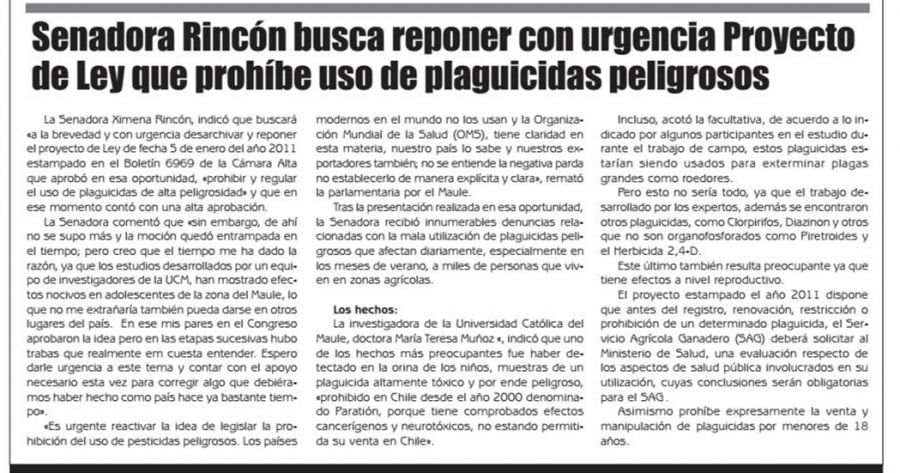 08 de julio en Diario El Lector: “Senadora Rincón busca reponer con urgencia Proyecto de Ley que prohibe uso de plaguicidas peligrosos”