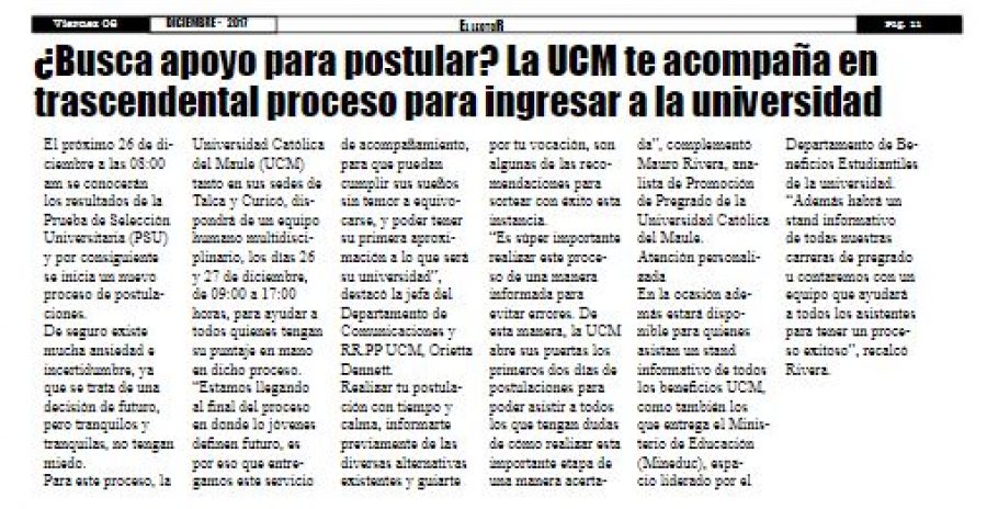 08 de diciembre en Diario El Lector: “¿Buscas apoyo para postular? La UCM te acompaña en trascendental proceso para ingresar a la universidad”