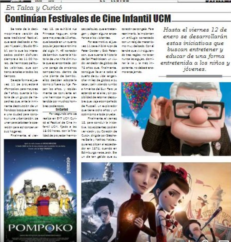 11 de enero en Diario Lector: “Continúan Festivales de Cine Infantil UCM”