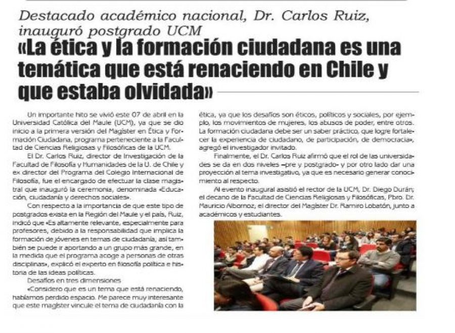 12 de abril en Diario El Lector: “La ética y la formación ciudadana es una temática que está renaciendo en Chile y que estaba olvidada”