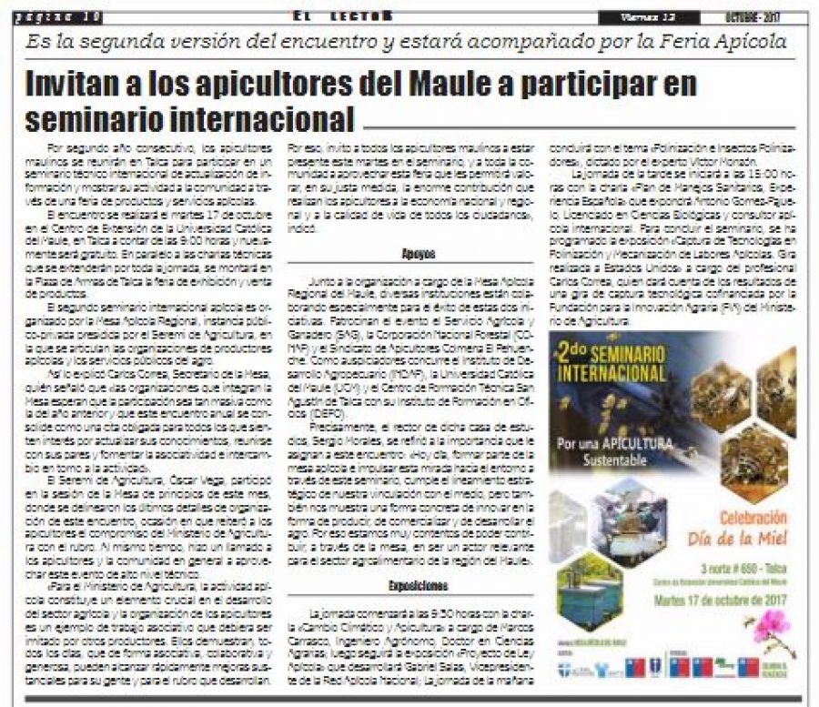 13 de octubre en Diario El Lector: “Invitan a los apicultores del Maule a participar en seminario internacional”