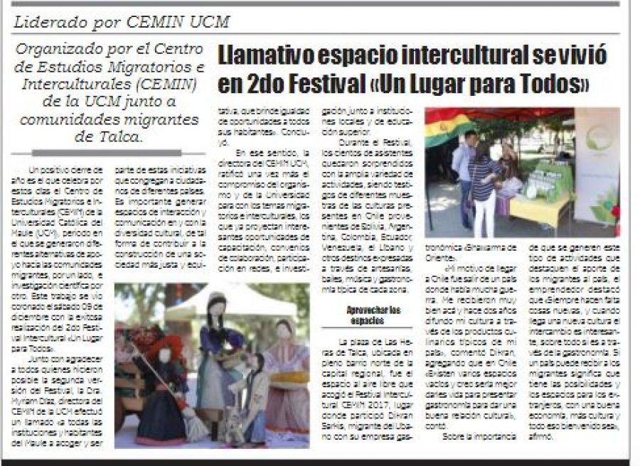 13 de diciembre en Diario El Lector: “Llamativo espacio intercultural se vivió en 2do Festival Un Lugar para Todos”