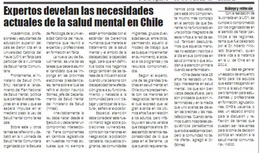 14 de octubre en Diario El Lector: “Expertos develan las necesidades actuales de la salud mental en Chile”
