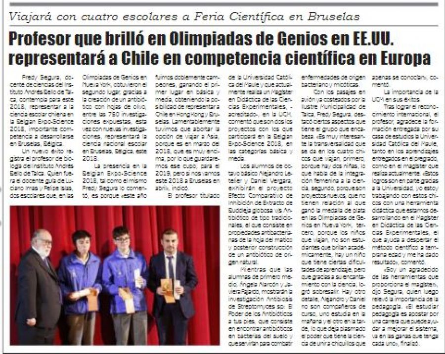 14 de diciembre en Diario El Lector: “Profesor que brilló en Olimpiadas de Genios en EE.UU. representará a Chile en competencia científica en Europa”