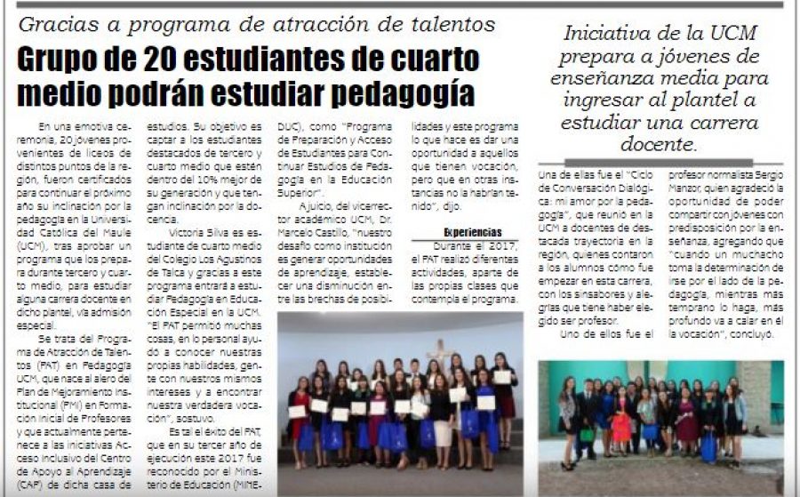 15 de diciembre en Diario El Lector: “Grupo de 20 estudiantes de cuarto medio podrán estudiar pedagogía”