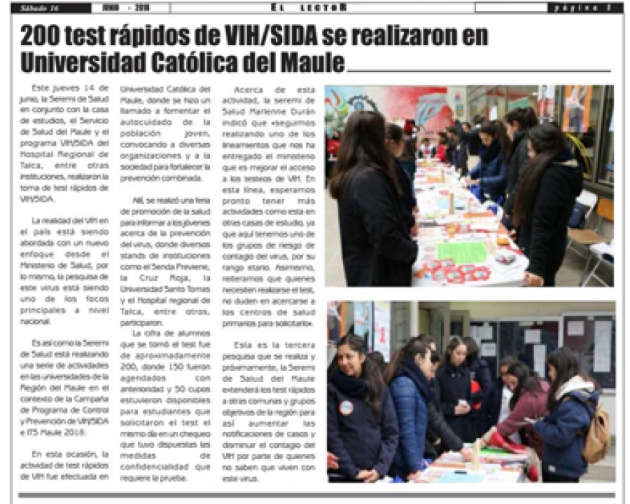 16 de junio en Diario El Lector: “200 test rápidos de VIH/SIDA se realizaron en Universidad Católica del Maule”