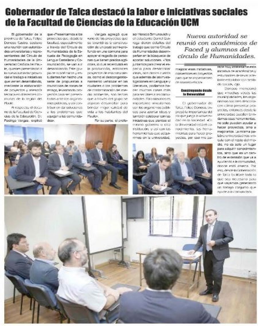 17 de marzo en Diario El Lector: “Gobernador de Talca destacó labor e iniciativas sociales de la Facultad de Ciencias de la Educación UCM”