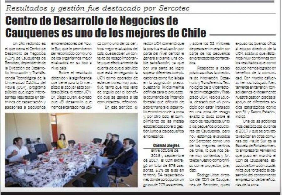 17 de diciembre en Diario El Lector: “Centro de Desarrollo de Negocios de Cauquenes es uno de los mejores de Chile”
