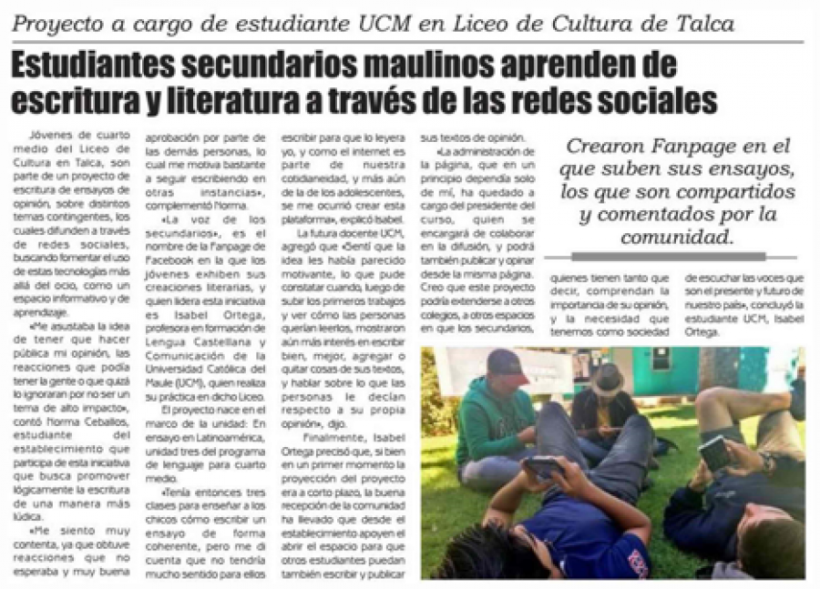 19 de junio en Diario El Lector: “Estudiantes secundarios maulinos aprenden de escritura y literatura a través de las redes sociales”