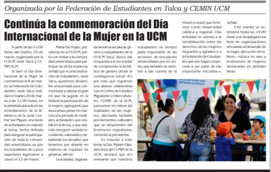 20 de marzo en Diario El Lector: “Continúa la conmemoración del Día Internacional de la Mujer en la UCM”