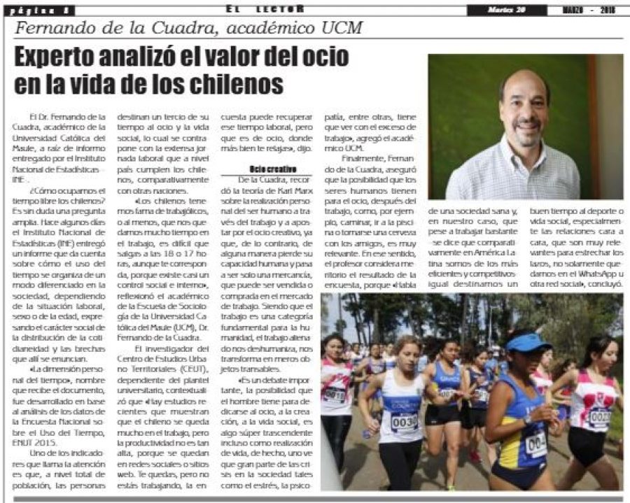 20 de marzo en Diario El Lector: “Experto analizó el valor del ocio en la vida de los chilenos”