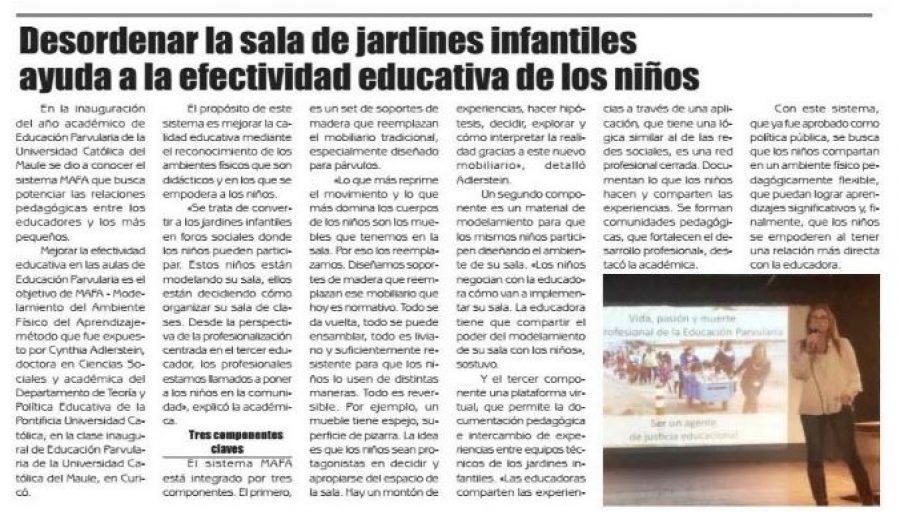 20 de abril en Diario El Lector: “Desordenar la sala de jardines infantiles ayuda a la efectividad educativa de los niños”