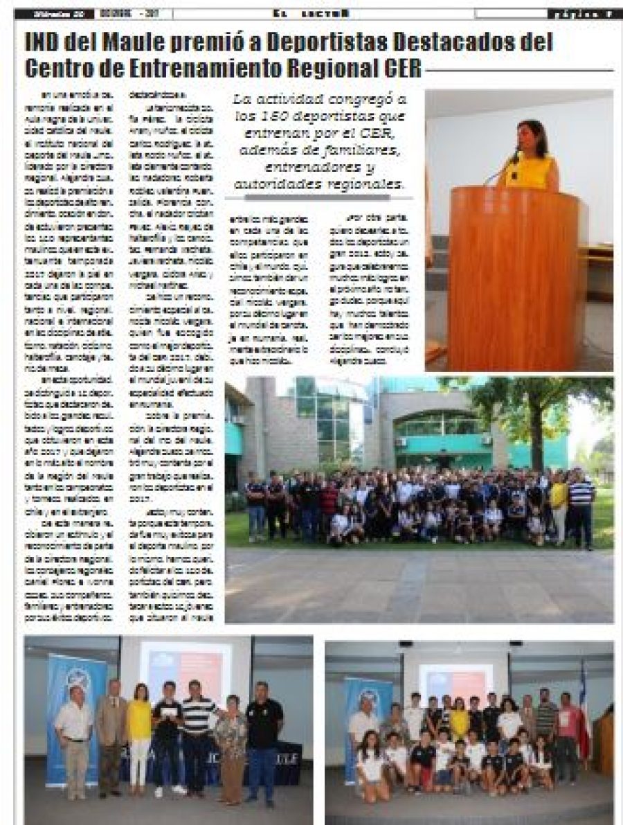 20 de diciembre en Diario El Lector: “IND del Maule premió a Deportistas Destacados del Centro de Entrenamiento Regional”