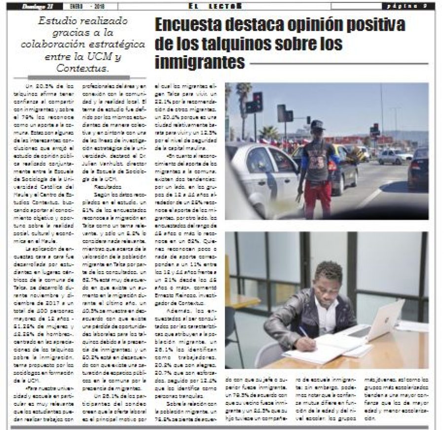 21 de enero en Diario El Lector: “Encuesta destaca opinión positiva de los talquinos sobre los inmigrantes”