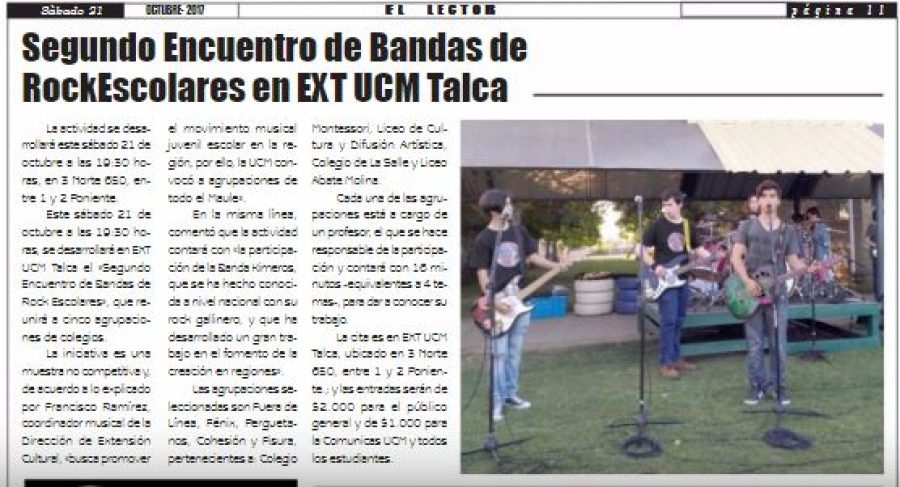 21 de octubre en Diario El Lector: “Segundo Encuentro de Bandas de RockEscolares en EXT UCM Talca”