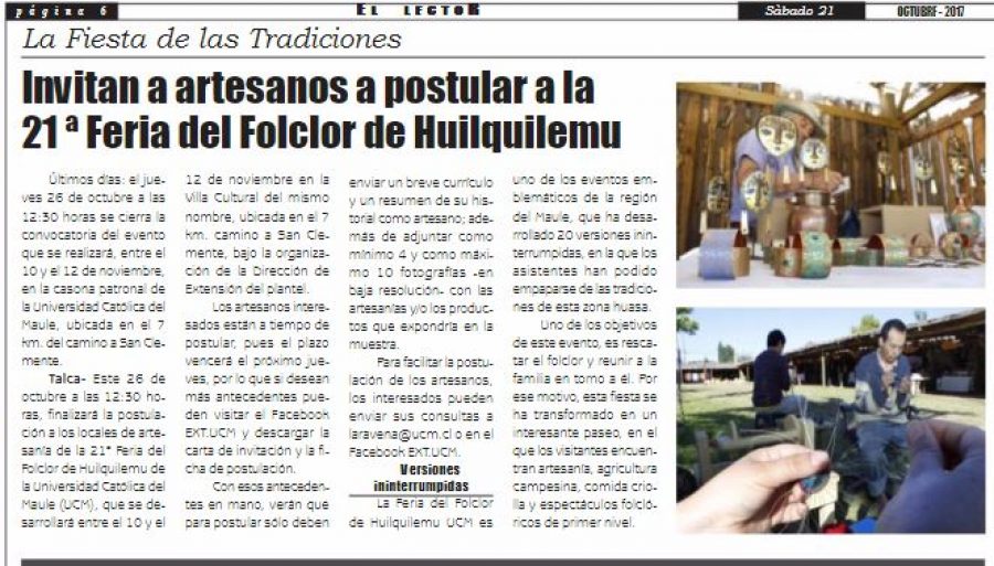 21 de octubre en Diario El Lector: “Invitan a artesanos a postular a la 21° Feria del Folclor de Huilquilemu”