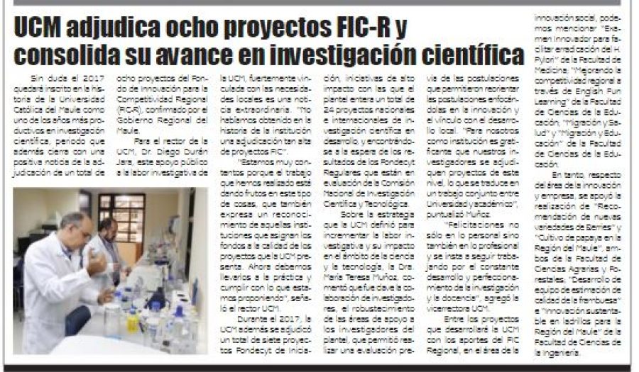 21 de diciembre en Diario El Lector: “UCM adjudicado ocho proyectos FIC-R y consolida su avance en investigación científica”