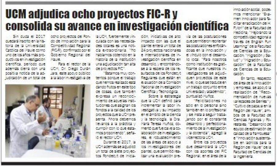 21 de diciembre en Diario El Lector: “UCM adjudica ocho proyectos FIC-R y consolida su avance en investigación científica”