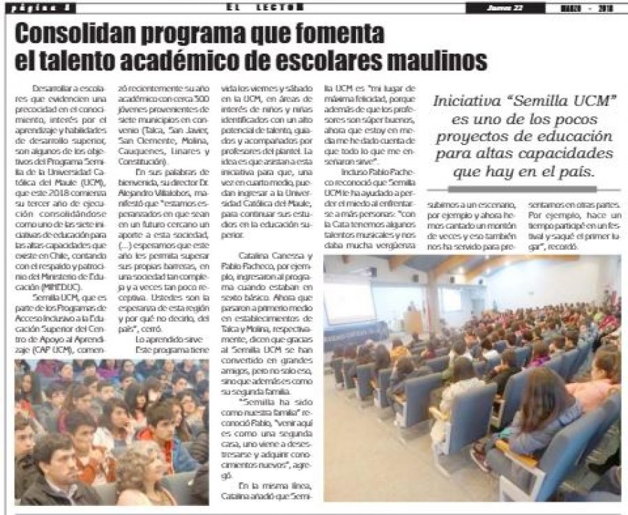 22 de marzo en Diario El Lector: “Consolidan programa que fomenta el talento académico de escolares maulinos”