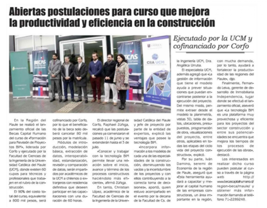 22 de junio en Diario El Lector: “Abiertas postulaciones para curso que mejora la productividad y eficiencia en la construcción”