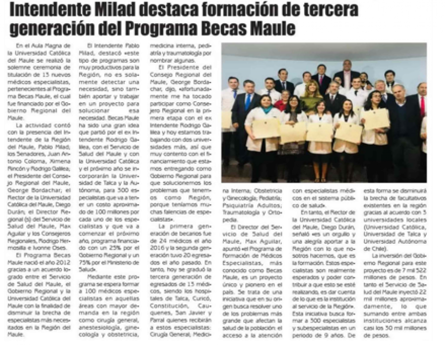 22 de junio en Diario El Lector: “Intendente Milad destaca formación de tercera generación del Programa Becas Maule”
