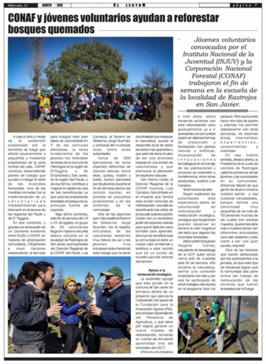 22 de agosto en Diario El Lector: “CONAF y jóvenes voluntarios ayudan a reforestar bosques quemados”
