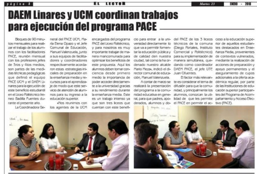 23 de enero en Diario El Lector: “DAEM Linares y UCM coordinan trabajos para ejecución del programa PACE”
