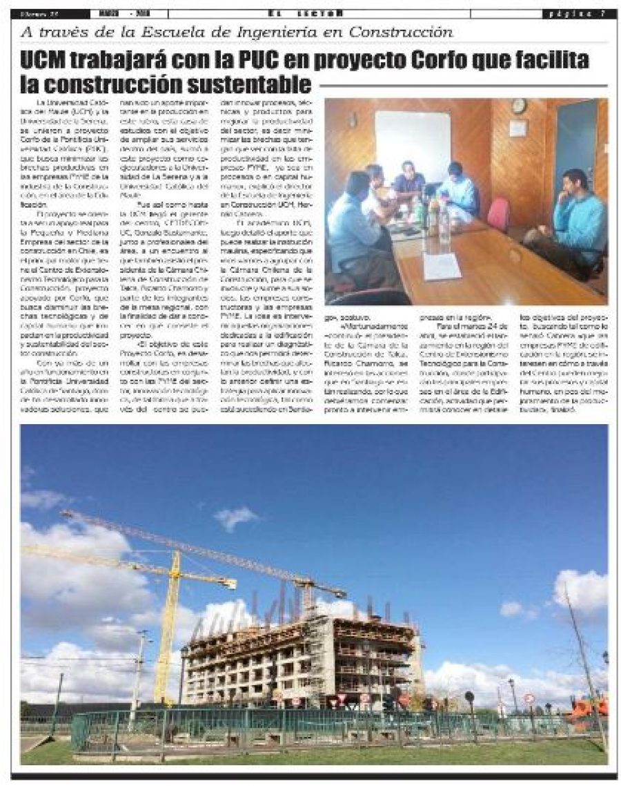 23 de marzo en Diario El Lector: “UCM trabajará con la PUC en proyecto Corfo que facilita la construcción sustentable”