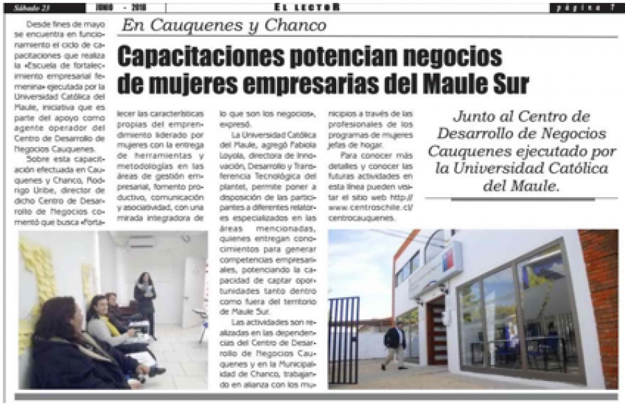 23 de junio en Diario El Lector: “Capacitaciones potencian negocios de mujeres empresarias del Maule Sur”