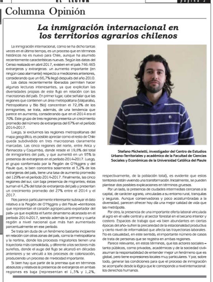 23 de agosto en Diario El Lector: “La inmigración internacional en los territorios agrarios chilenos”