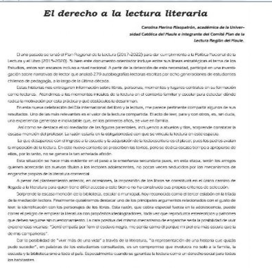24 de abril en Diario El Lector: “El derecho a la lectura literaria”